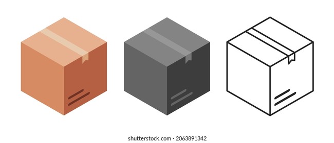 Three different isometric boxes: colored, black and outline. Box for transportation, packaging and delivery. Vector illustration.