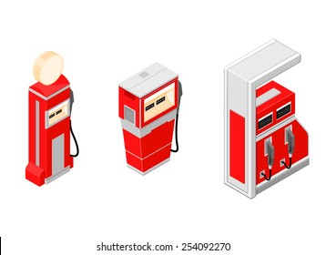 Three Different Isometric Fuel And Gas Pumps. Isometric Gas Pumps. Fuel And Gas Pumps.