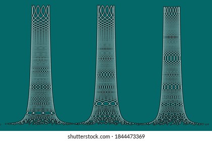 Three different lacy columns, blue-green on a darker blue-green background. Mathematical function.