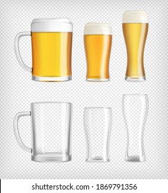 Tres vasos de cerveza de lager diferentes y tazas