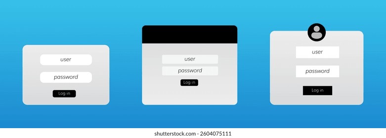 Three different layouts of login interfaces featuring fields for username and password entry.