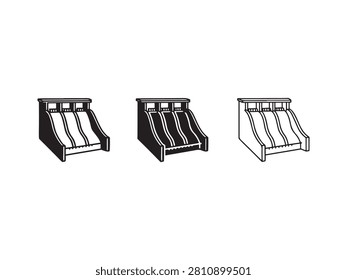 Three different line art illustrations of magazine or newspaper display racks