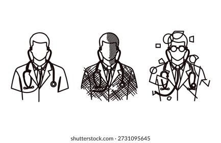 Tres estilos de arte de línea diferentes de médicos con estetoscopios profesionales médicos