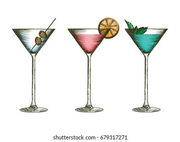 Three different martini glasses with olives, citruses and leaves of mint. Glass goblets with colorful cocktails in engraved style.