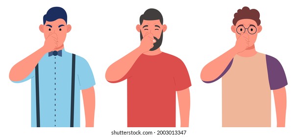 Three different men holding fingers on nose. Covering breath with hand for bad smell. Character set. Vector illustration.