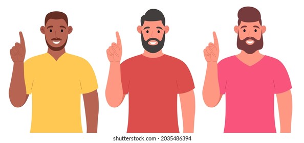 Three different men pointing up finger while standing and smiling. Concept of a great idea. Vector illustration in cartoon style.