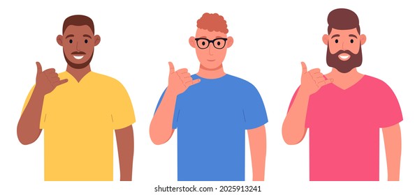 Three different men show the gesture phone or call me gesture with hand fingers shaped like telephone. Character set. Vector illustration.
