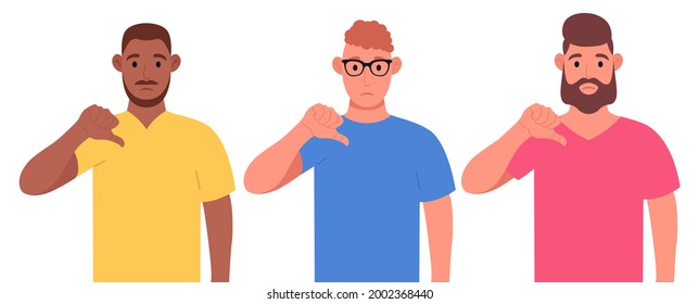 Tres hombres diferentes mostrando el gesto de la señal de abajo. No me gusta, no está de acuerdo, decepción, desaprobación, no hay concepto de acuerdo. Juego de caracteres. Ilustración vectorial.