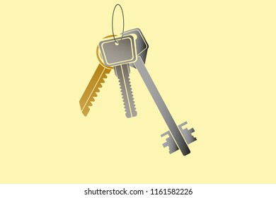 Three different metal keys hanging on the ring on yellow background