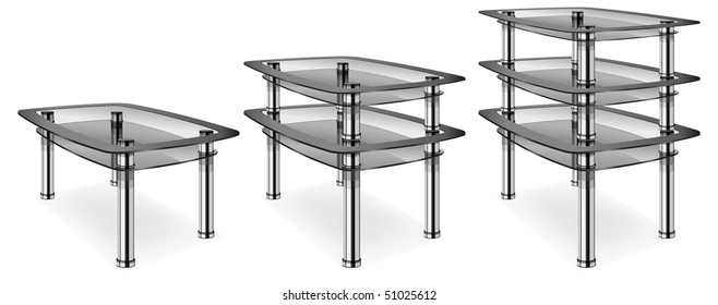 Three different modern glass tables isolated on white background, vector illustration