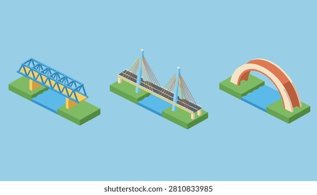 Three different modern isometric bridge designs crossing a blue river channel on a clean sky blue background.
