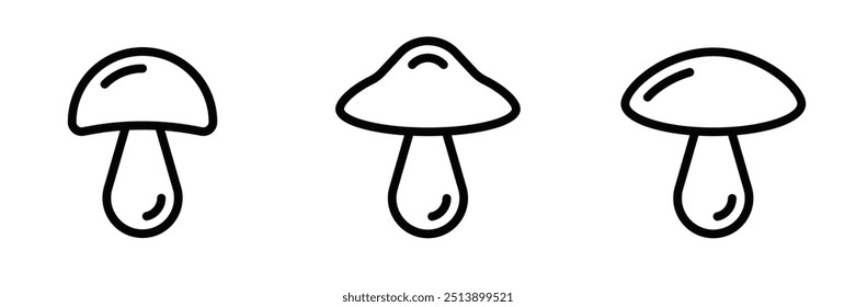 Three different mushroom icons in clean outline style. Vector illustration of fungi or food symbols. Editable stroke.