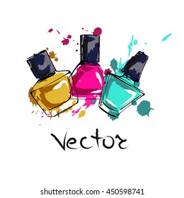 Three different nail polish. Spray the nail polish. Art vector illustration.