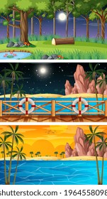 Three different nature horizontal scenes illustration
