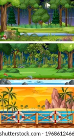 Three different nature horizontal scenes illustration