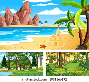 Three different nature horizontal scenes illustration