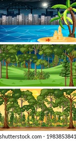 Three different nature horizontal scenes illustration