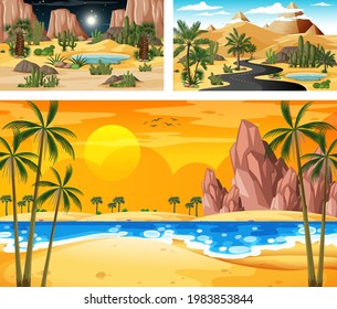 Three different nature horizontal scenes illustration