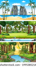 Three different nature horizontal scenes illustration