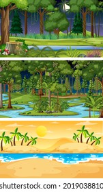 Three different nature horizontal scenes illustration