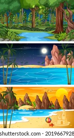Three different nature horizontal scenes illustration