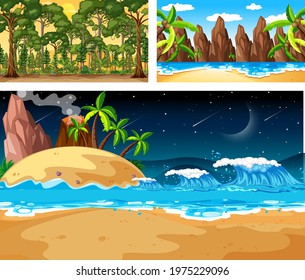 Three different nature landscape scenes illustration
