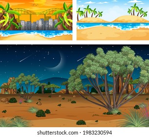 Three different nature landscape scenes illustration