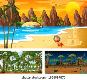 Three different nature landscape scenes illustration