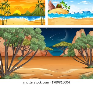 Three different nature landscape scenes illustration