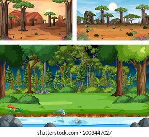 Three different nature landscape scenes illustration