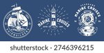 Three different nautical designs. Each design features elements like a sailboat a lighthouse and a diving helmet. These items represent sea travel and adventure.
