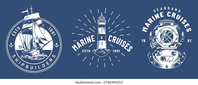 Three different nautical designs. Each design features elements like a sailboat a lighthouse and a diving helmet. These items represent sea travel and adventure.