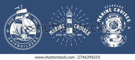 Three different nautical designs. Each design features elements like a sailboat a lighthouse and a diving helmet. These items represent sea travel and adventure.