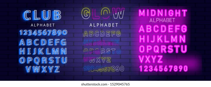 Three different neon alphabet set designs in glowing blue, magenta and multicolored with complete letters A through Z and numbers one through zero, vector illustration