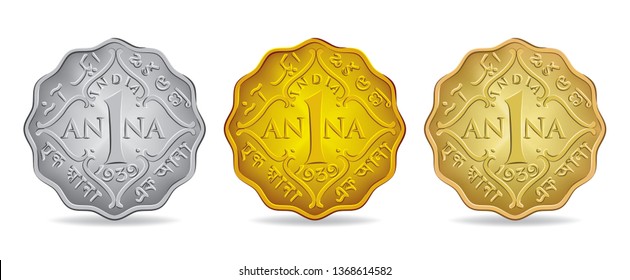 Three different one anna indian coins isolated on white background in vector illustration