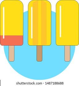 Three different orange popsicles on wooden sticks on blue circle. Summer and ice cream icons for kids clothes, print, stickers, posters.