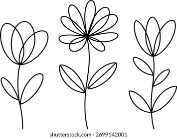 Three Different Outline Flower Styles on White Background