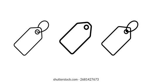 Three different outline styles of price tags with a loop are arranged horizontally on a white background. Different sizes and loop types are visible.