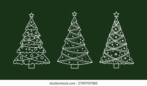 Tres diferentes iconos de árbol de Navidad delineados gráfico de vacaciones