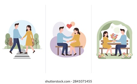 Three different panels showing sweet romantic couples holding hands, talking, and sitting together in a city park.
