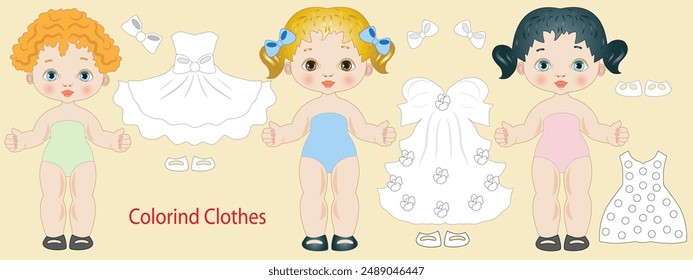 Three different paper dolls with clothes to color