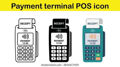 Three different payment terminal POS devices showing receipt and payment screen