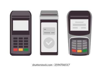 Three different payment terminals are depicted in a flat style on a white background. The illustration represents modern electronic transaction concepts. Vector illustration