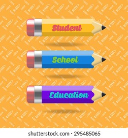Three different pencils, yellow, blue and purple background with yellow pattern.