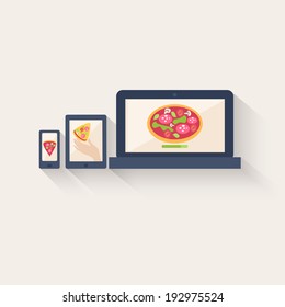 Three different pizza icons displayed online on the screens of a smartphone, tablet and laptop computer