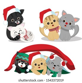 Three Different Poses Cats Cuddle Christmas