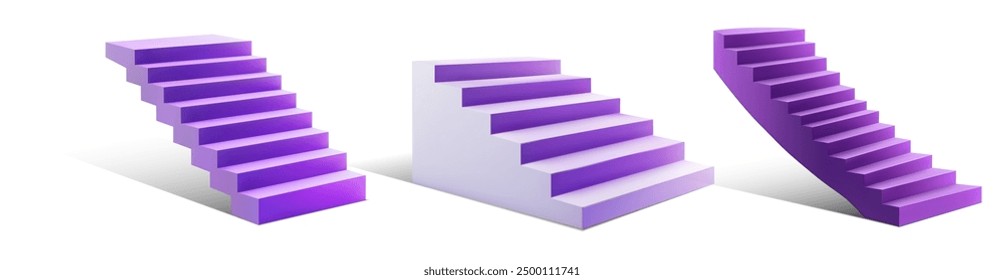 Tres escaleras púrpuras diferentes sobre un fondo blanco, mostrando varios estilos de escaleras perfectas para proyectos de diseño y visualizaciones arquitectónicas. Ilustración vectorial