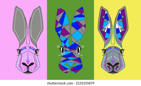 three different rabbit faces decorated with different patterns