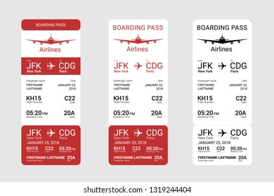 Three different red boarding pass isolated on a gray background. Vector illustration.