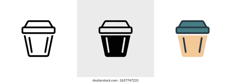 Three different renderings of a trash can icon presented side-by-side a line drawing, a solid fill, and a colorful depiction, all against a crisp white backdrop.
